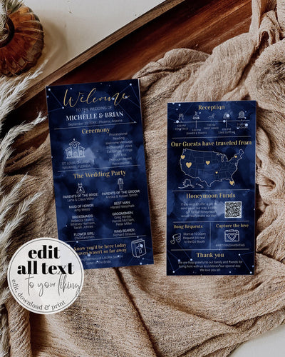 Celestial Wedding Program Printable, Starry Night Moon Ceremony Newspaper Template 066CE-WEPRO - marryful.org