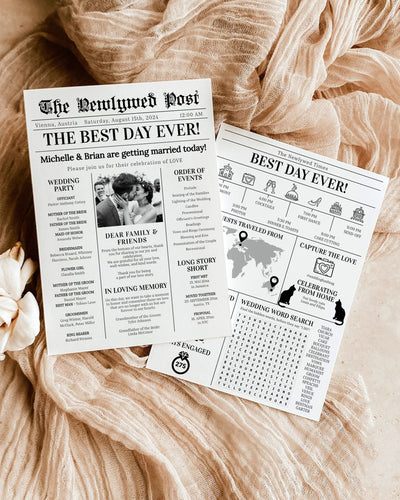 Wedding Newspaper Program with Timeline and Crossword Puzzle for Modern Wedding | Wedding Infographic Program | Printable Template #065 - TheLovebirdsDesign
