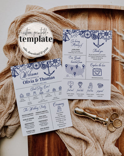 Nautical Wedding Program Template, Beach Destination Timeline Newspaper Printable #071 - TheLovebirdsDesign