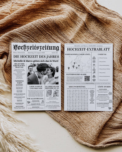 DEUTSCH Wedding Newspaper Program Template, Folded Timeline Infographic Crossword Puzzle Ceremony Editable Printable 065BWILA - marryful.org