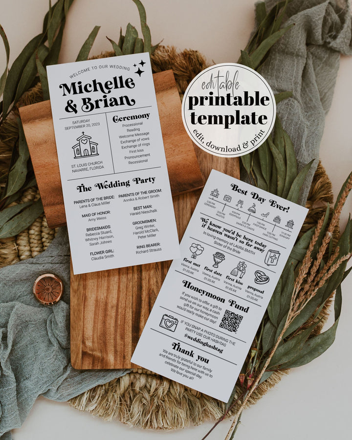Retro Wedding Program Template for a funky 70s themed Wedding Ceremony | Wedding Timeline Template | Printable Template #065b - TheLovebirdsDesign
