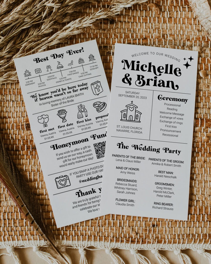 Retro Wedding Program Template for a funky 70s themed Wedding Ceremony | Wedding Timeline Template | Printable Template #065b - TheLovebirdsDesign