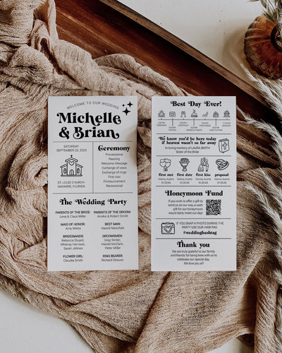 Retro 70s Wedding Program Template Funky Ceremony Timeline Printable Groovy Vintage Itinerary Classic 065B-WEPR - marryful.org
