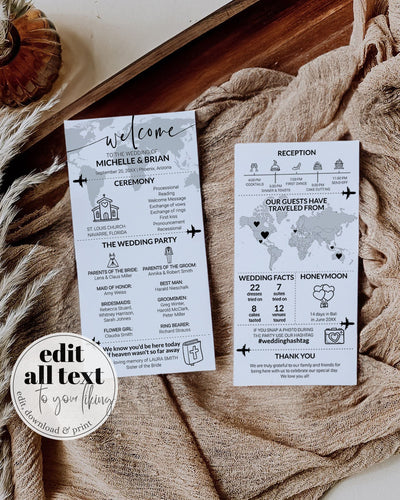 Travel Wedding Program Template, Destination Timeline Newspaper Printable #072w - TheLovebirdsDesign