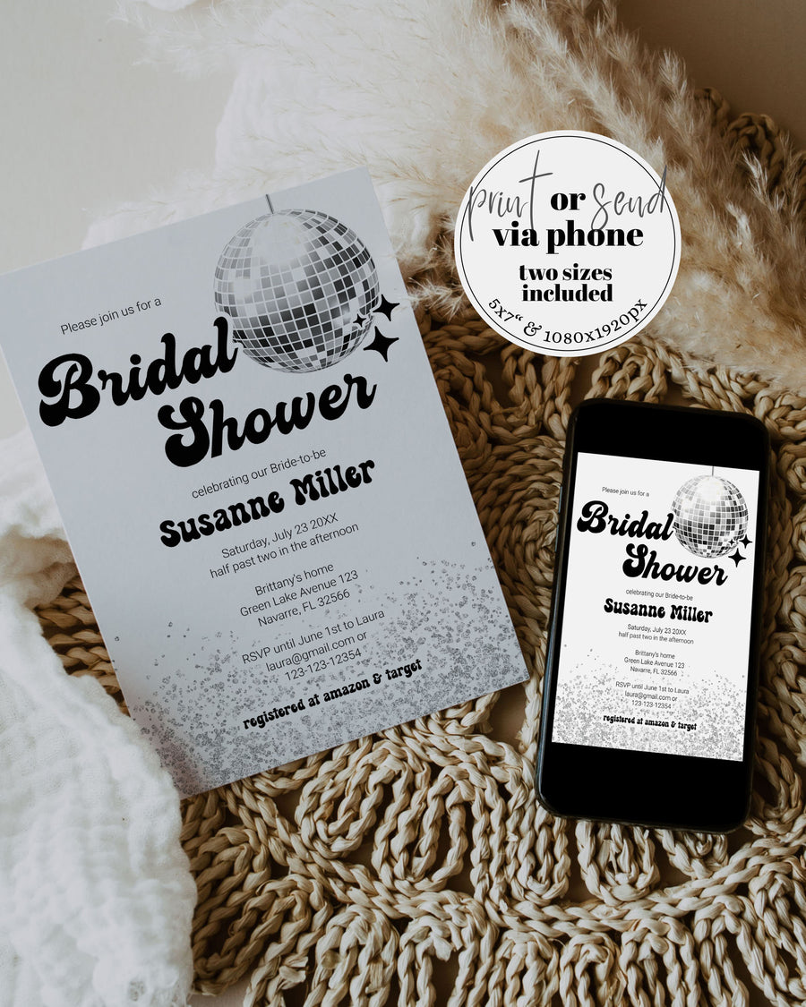 Last Disco Bridal Shower Invitation, Retro Disco Ball Groovy 70s Template 065D-BRSINV - marryful.org