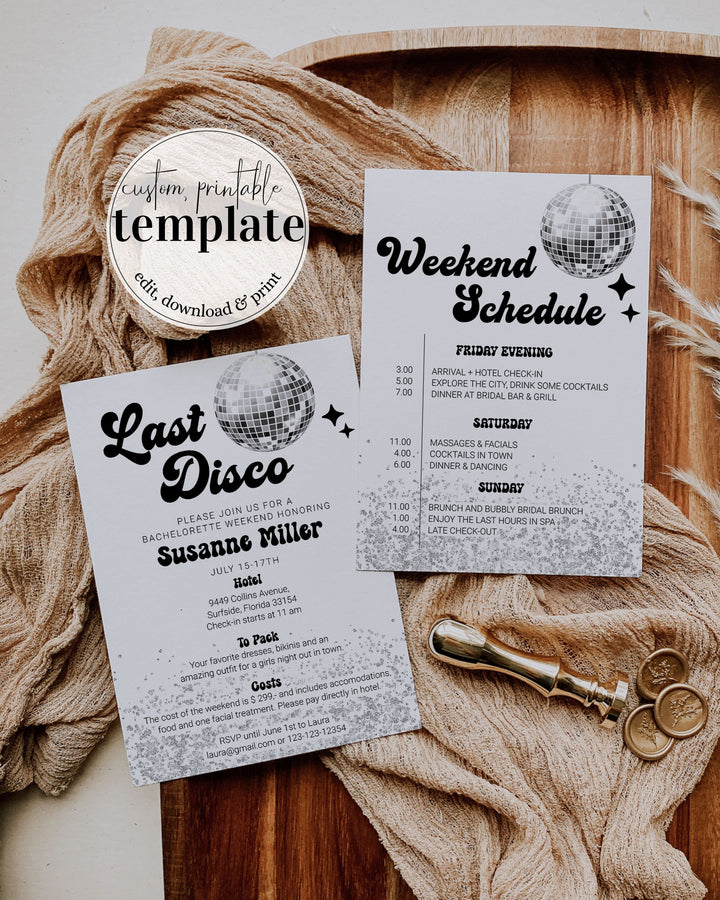 Editable Last Disco Retro Bachelorette Weekend Invitation and Itinerary | Disco Ball Groovy 70s Bachelorette Invite | Instant Download #065d - TheLovebirdsDesign