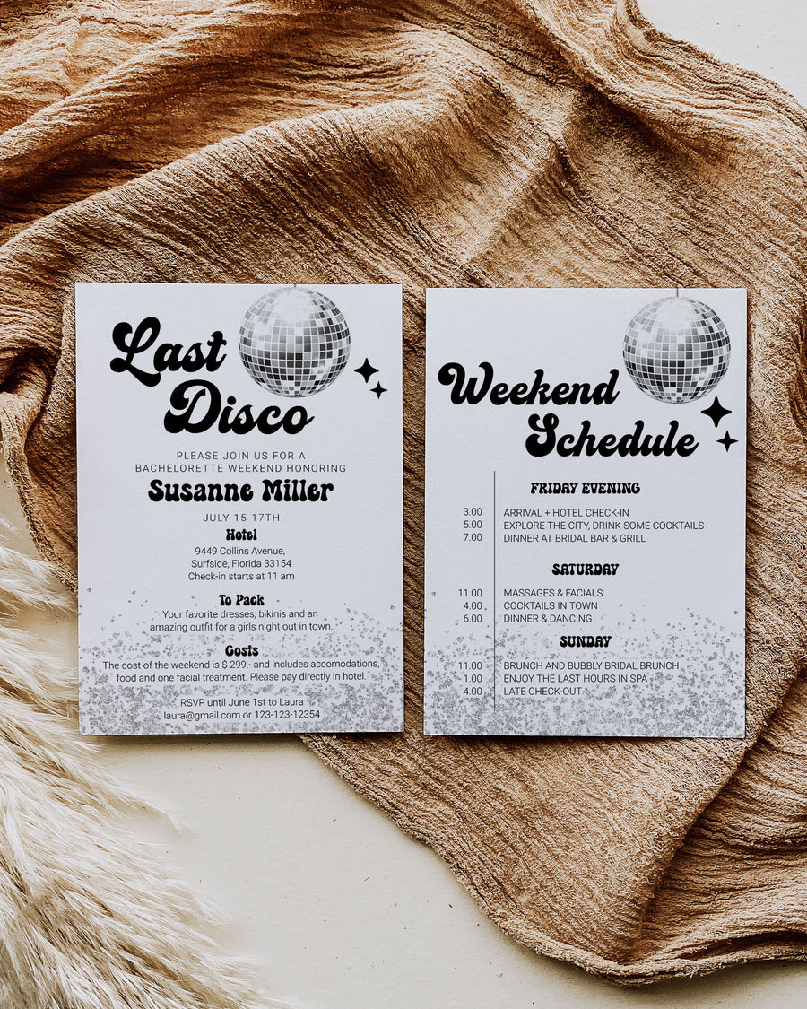 Editable Last Disco Retro Bachelorette Weekend Invitation and Itinerary | Disco Ball Groovy 70s Bachelorette Invite | Instant Download #065d - TheLovebirdsDesign