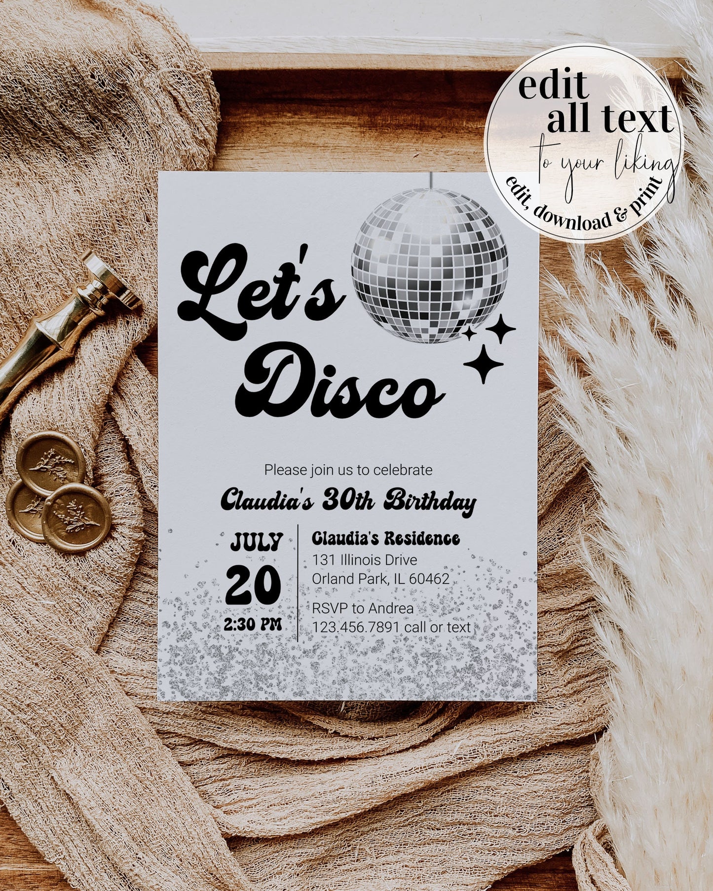 Editable Let's Disco Retro Birthday Party Invitation | Groovy 70s Disco Birthday Party | Adult Birthday Any Age | Instant Download #065d - TheLovebirdsDesign