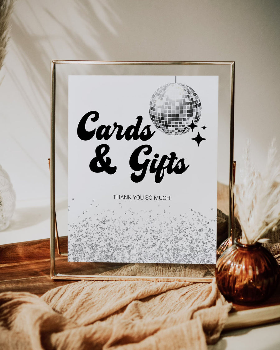 Disco Cards and Gifts Sign, Groovy Baby Shower Poster 70s Disco Ball Template 065D-CAGISI - marryful.org