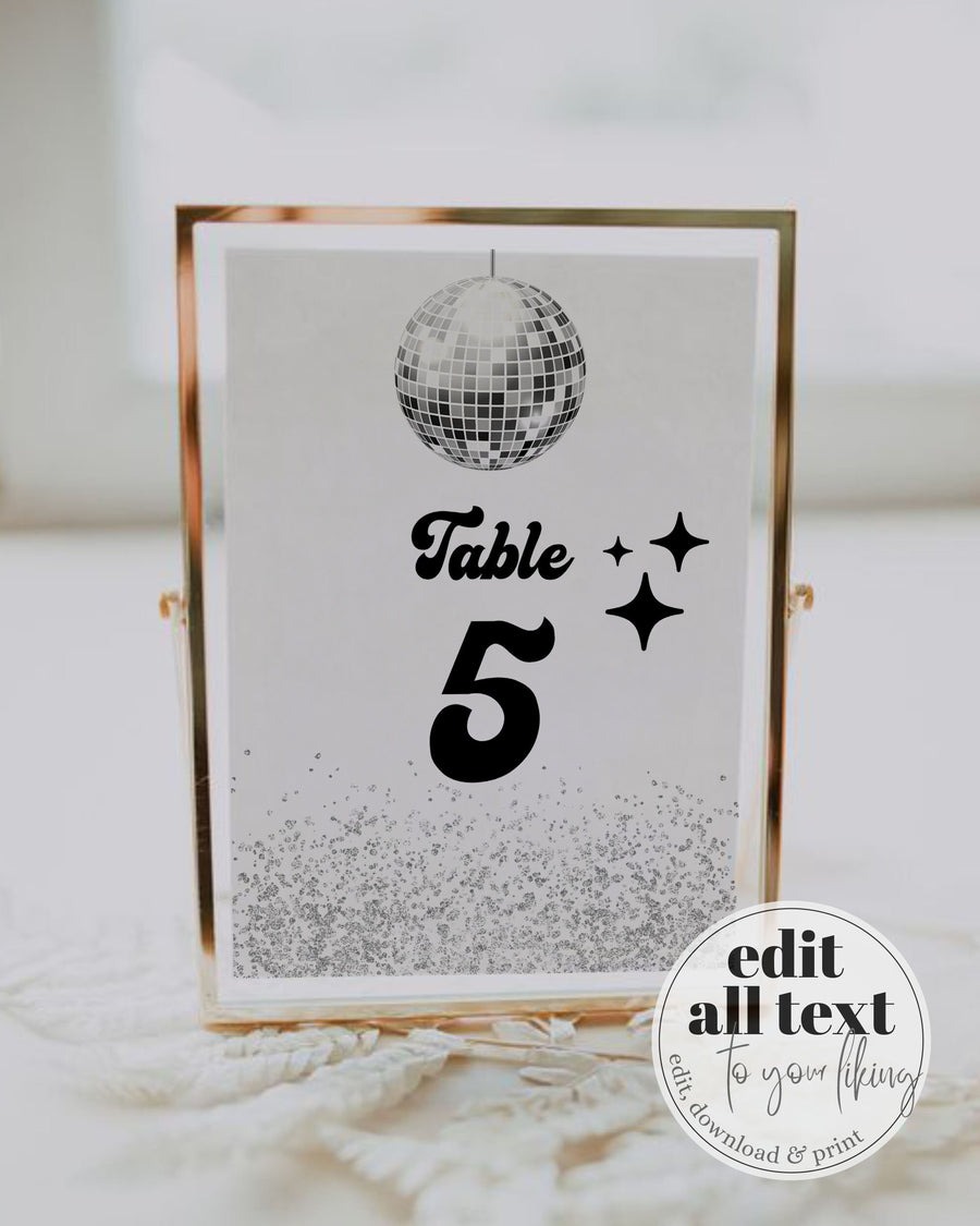 Lets Disco Table Numbers, Groovy 70s Disco Ball Wedding Reception Printable Editable Template 065D-TBNR - marryful.org