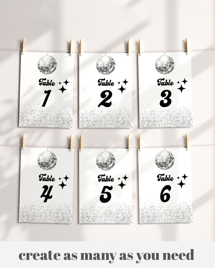 Editable Let's Disco Table Numbers Sign | Groovy 70s Disco Ball Table Numbers Template for Retro Dance Party | Instant Download #065d - TheLovebirdsDesign