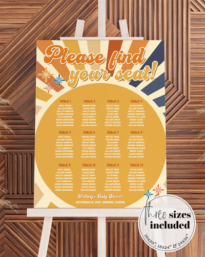 Editable Sunshine Baby Shower Seating Chart Sign | Here Come The Son Baby Shower Find your Seat Sign | Retro Boho Muted Tones Party #081 - marryful.org