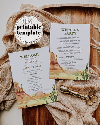 Desert Wedding Program and Itinerary for Arizona Boho Wedding | Rustic Wester Wedding Decorations | Printable Program Template Wedding #064 - TheLovebirdsDesign
