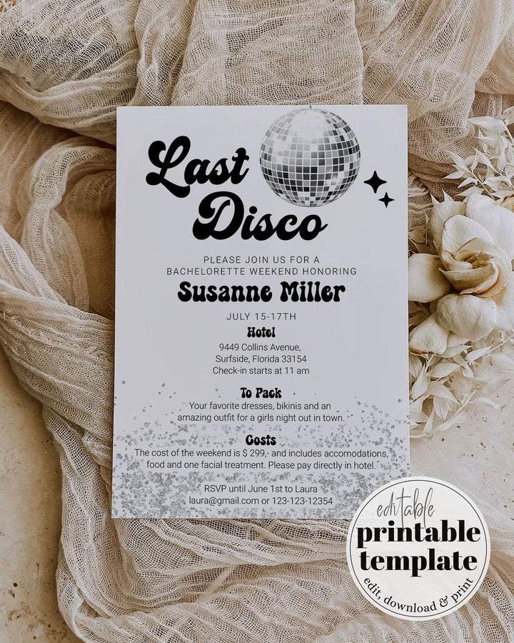 Editable Last Disco Retro Bachelorette Weekend Invitation and Itinerary | Disco Ball Groovy 70s Bachelorette Invite | Instant Download #065d - TheLovebirdsDesign
