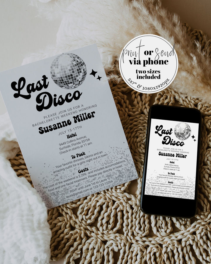 Editable Last Disco Retro Bachelorette Weekend Invitation and Itinerary | Disco Ball Groovy 70s Bachelorette Invite | Instant Download #065d - TheLovebirdsDesign