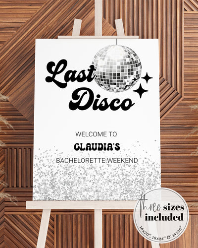 Editable Last Disco Bridal Shower Welcome Sign | Retro Silver Disco Ball Groovy 70s Bachelorette Party Poster Sign | Download Template #065d - TheLovebirdsDesign