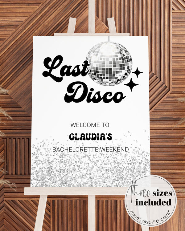 Editable Last Disco Bridal Shower Welcome Sign | Retro Silver Disco Ball Groovy 70s Bachelorette Party Poster Sign | Download Template #065d - TheLovebirdsDesign