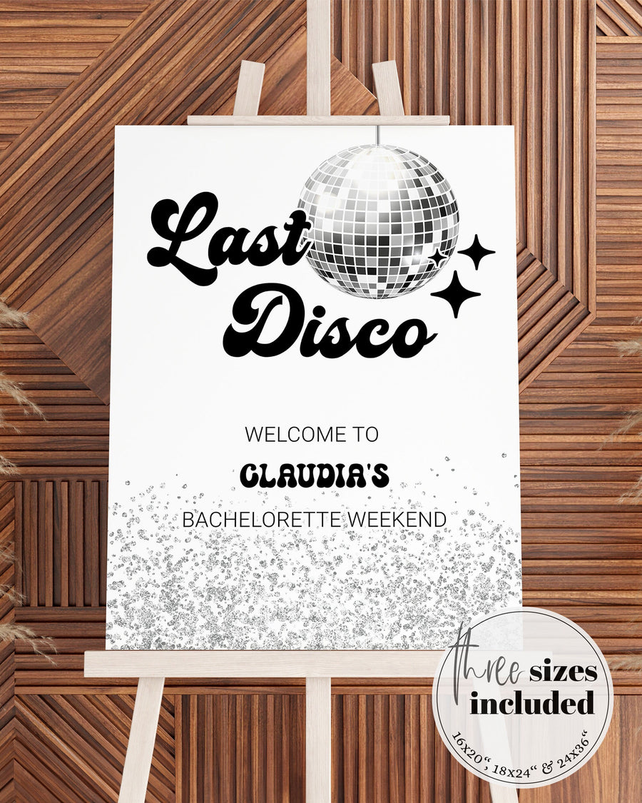 Editable Last Disco Bridal Shower Welcome Sign | Retro Silver Disco Ball Groovy 70s Bachelorette Party Poster Sign | Download Template #065d - marryful.org