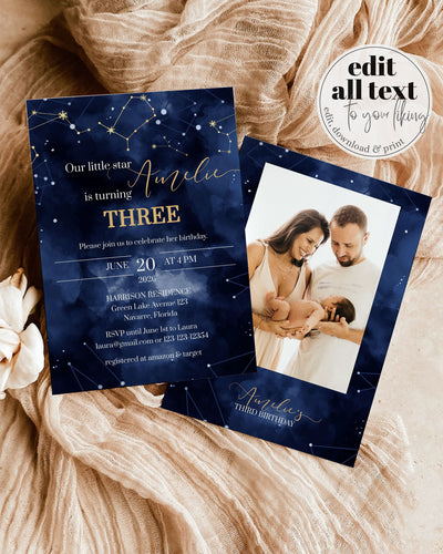 Celestial Birthday Invitation Template, Moon and Stars First Birthday Printable Invite 066CE-BINV - marryful.org