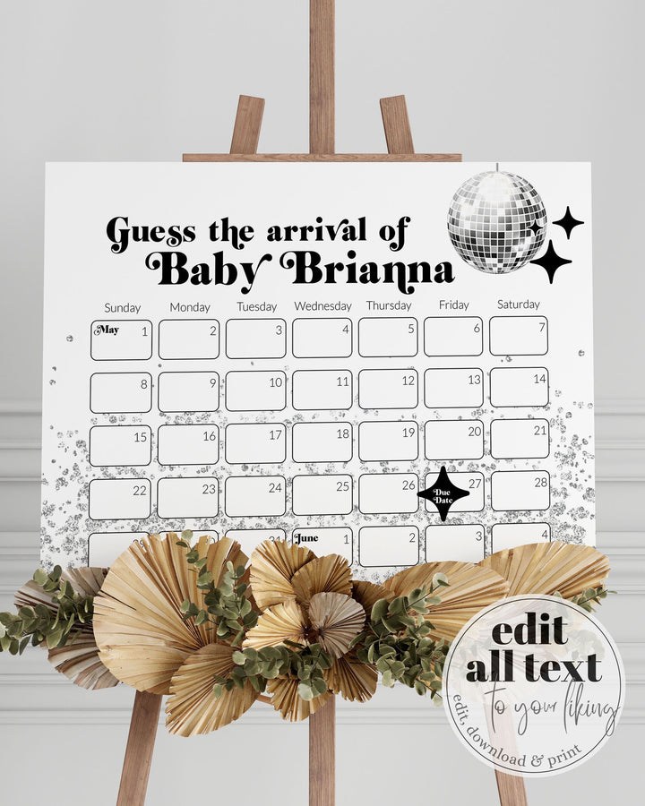 Disco Baby Shower Guess Due Date Calendar for 70s themed Retro Party | Groovy Baby Shower Guess Due Date Game Sign | Printable Template#065d - TheLovebirdsDesign
