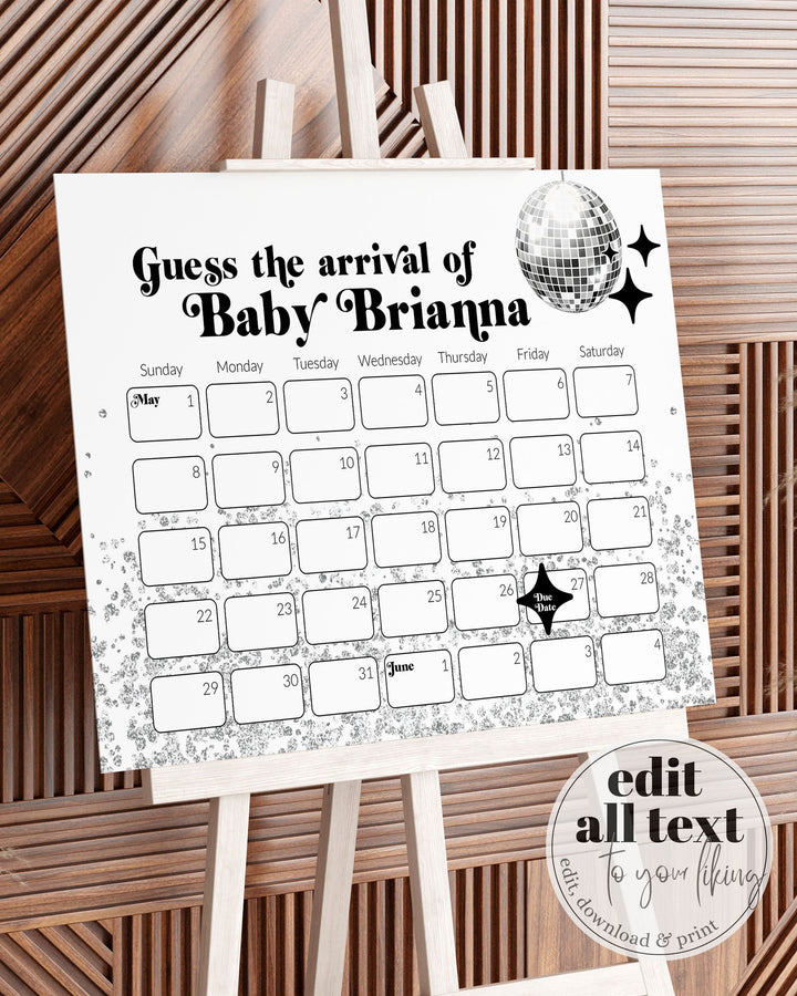 Disco Baby Shower Guess Due Date Calendar for 70s themed Retro Party | Groovy Baby Shower Guess Due Date Game Sign | Printable Template#065d - TheLovebirdsDesign