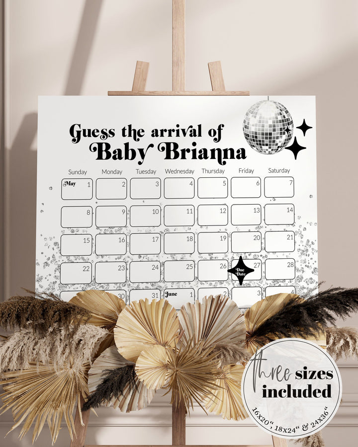 Disco Baby Shower Guess Due Date Calendar for 70s themed Retro Party | Groovy Baby Shower Guess Due Date Game Sign | Printable Template#065d - TheLovebirdsDesign