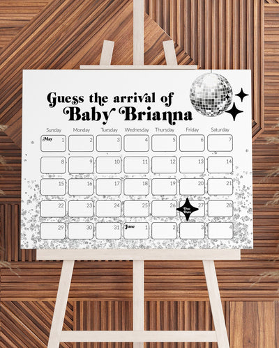 Disco Baby Shower Guess Due Date Calendar for 70s themed Retro Party | Groovy Baby Shower Guess Due Date Game Sign | Printable Template#065d - TheLovebirdsDesign
