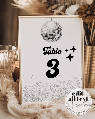 Editable Let's Disco Table Numbers Sign | Groovy 70s Disco Ball Table Numbers Template for Retro Dance Party | Instant Download #065d - TheLovebirdsDesign