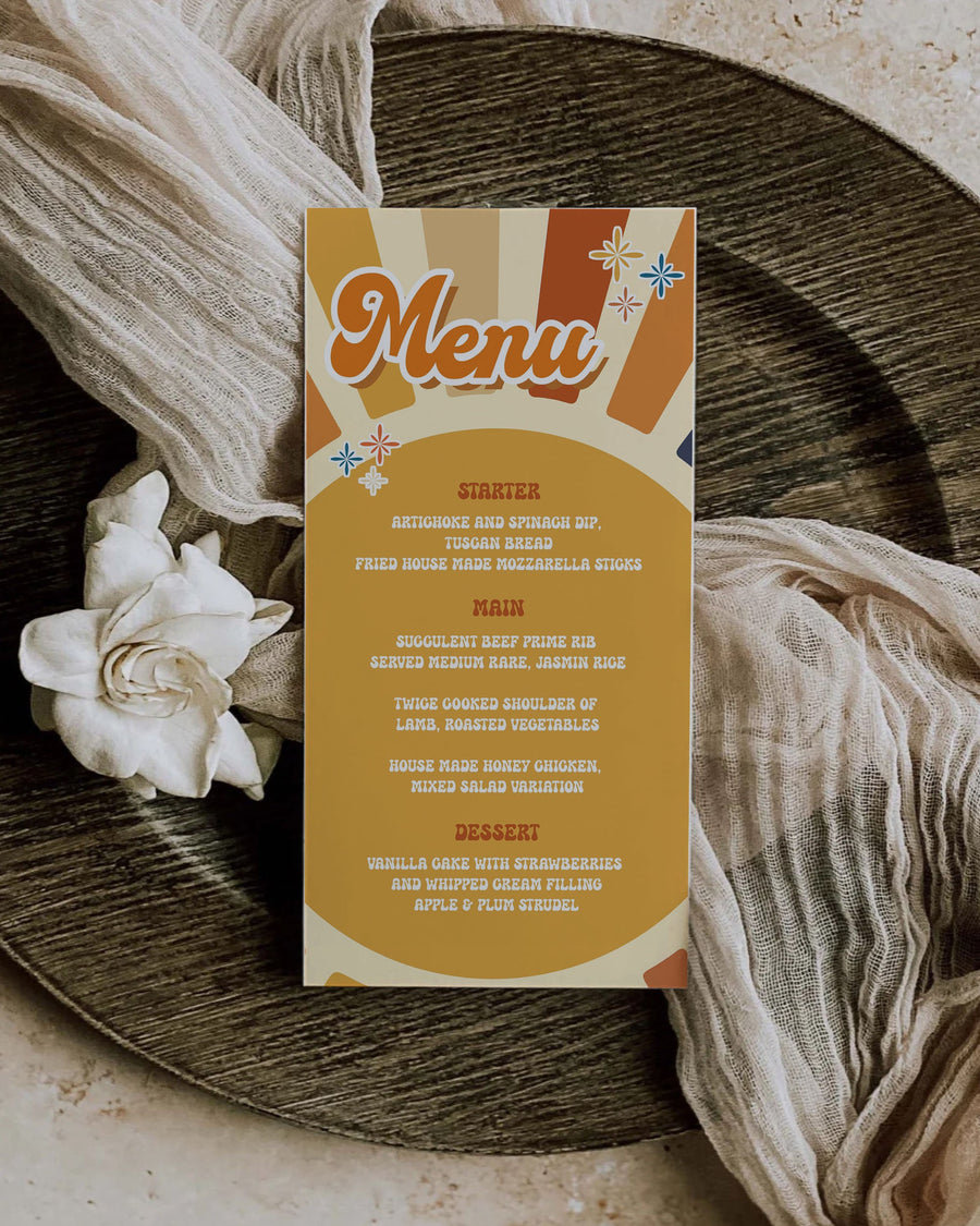 Here comes the Son Menu Card | Editable Sunshine Bar Menu | Retro Wedding Table Decorations for Groovy 70s Party | Printable Template #081 - marryful.org