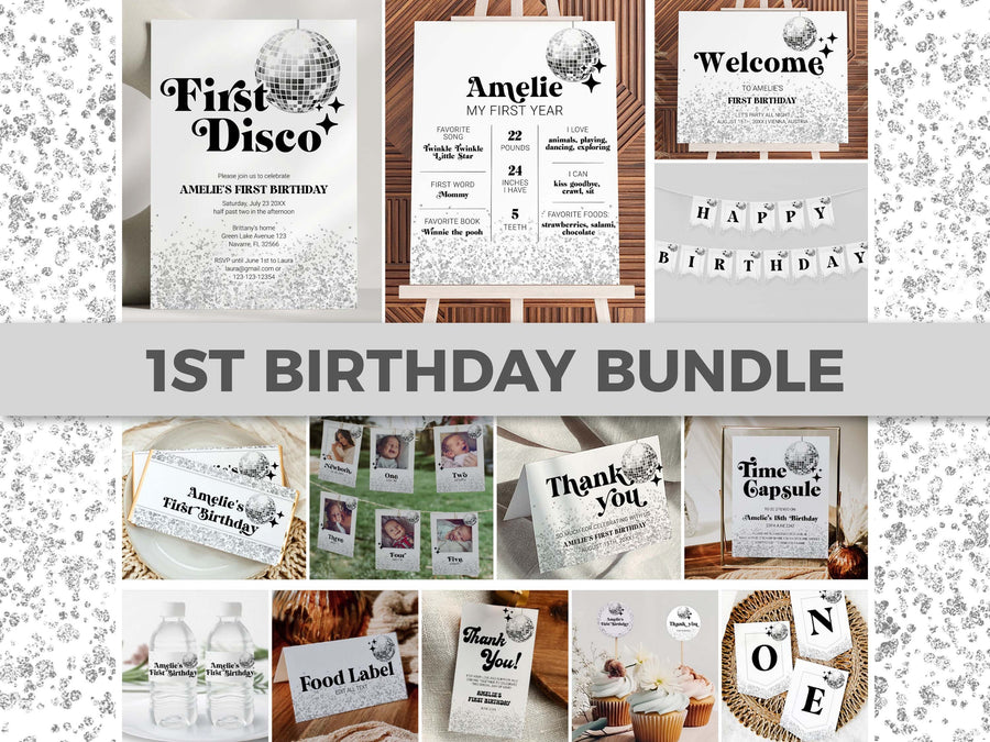 Disco First Birthday Invitation Bundle, Groovy 70s Editable Party Templates #065d - marryful.org