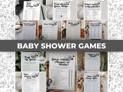 Groovy Baby Shower Games Bundle, 14 Activities Bingo Trivia Family Feud Printable Templates 065D-GAMEB