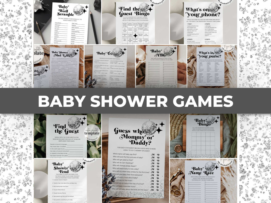 Groovy Baby Shower Games Bundle, 14 Activities Bingo Trivia Family Feud Printable Templates 065D-GAMEB - marryful.org