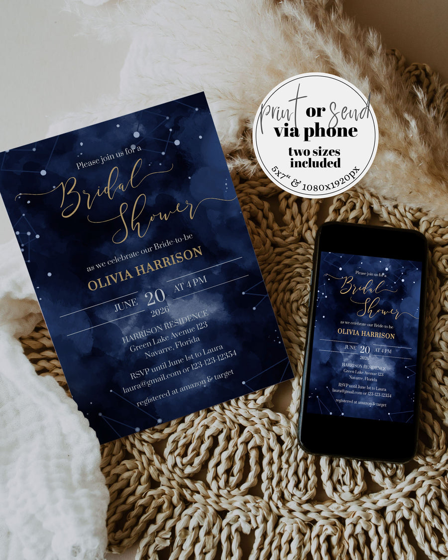 Celestial Bridal Shower Invitation Template, Blue Written in the Stars Editable Invite 066CE-BRSINV - marryful.org