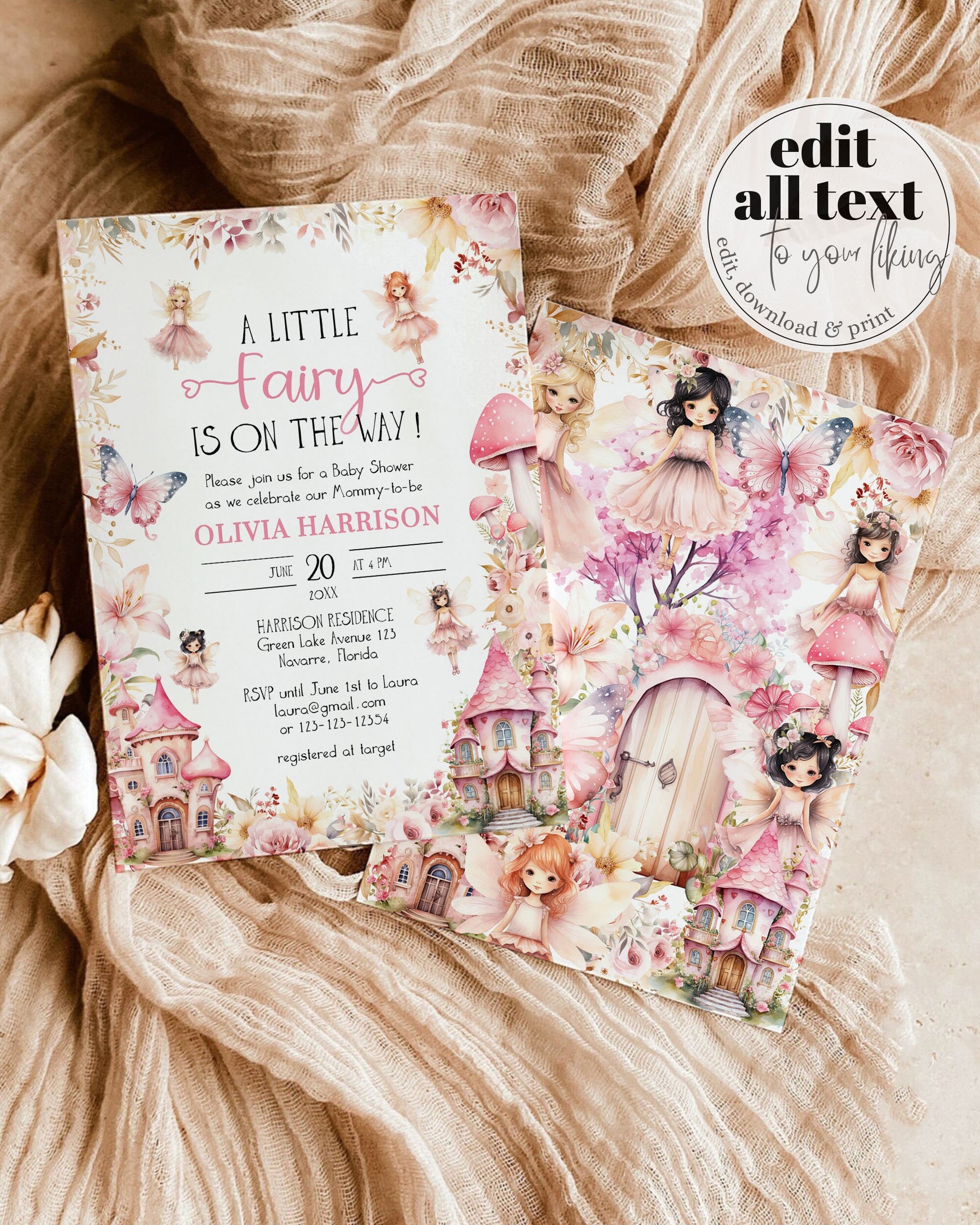 Little Fairy Baby Shower Invitation in enchanted Garden with Butterflies and Mushrooms | Editable Fairytale Babyshower Invite Template #068 - TheLovebirdsDesign