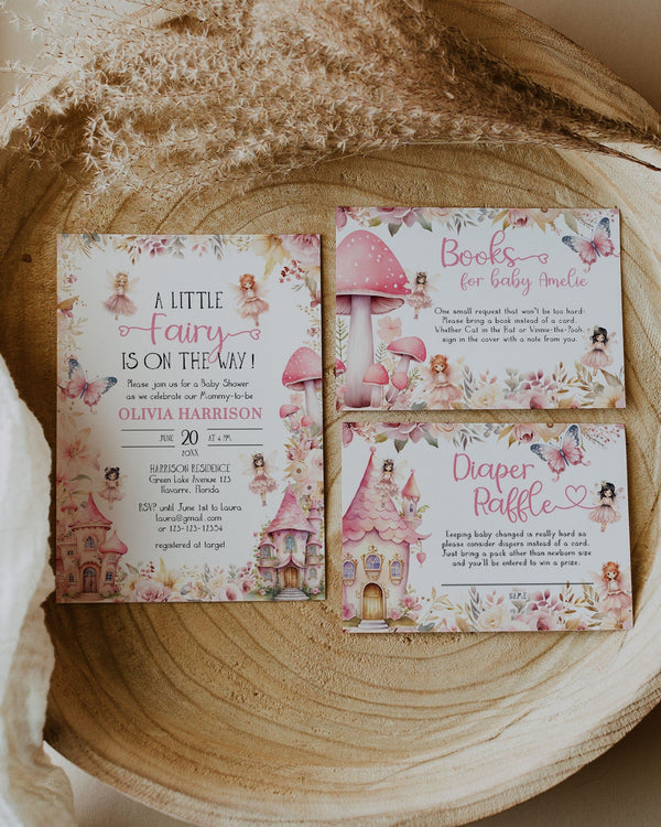Pink Fairy Baby Shower Invitation Set, Printable Enchanted Theme Template Cards 023FA-BSINV - marryful.org