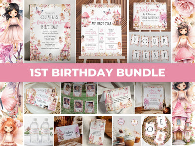 Pink Fairy First Birthday Template Bundle, Editable Printable Enchanted Party Set 023FA-BBUNDLE - marryful.org