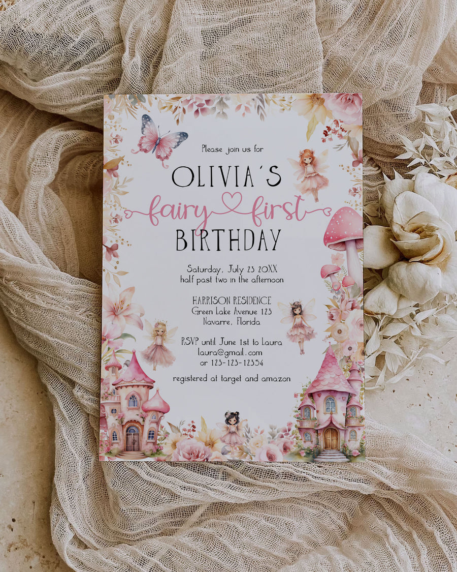 Fairy First Birthday Invitation, Blush Pink Magical Garden Party Template 023FA-BINV - marryful.org