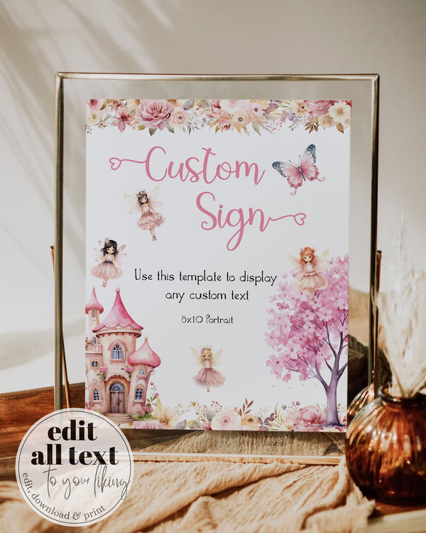 Custom Pink Fairy Sign Template, Baby Shower or Birthday Enchanted Theme 023FA-CUSI - marryful.org