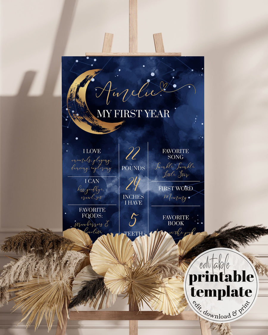 Celestial First Birthday Milestone Sign Template Twinkle Little Star One Year Cosmic Design 066CE-MISI - marryful.org