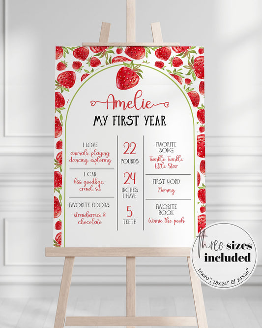 Berry First Birthday Milestone Board | Strawberry Milestone Board First Birthday Girl | Birthday Decor Sign Printable Poster Template #068 - TheLovebirdsDesign