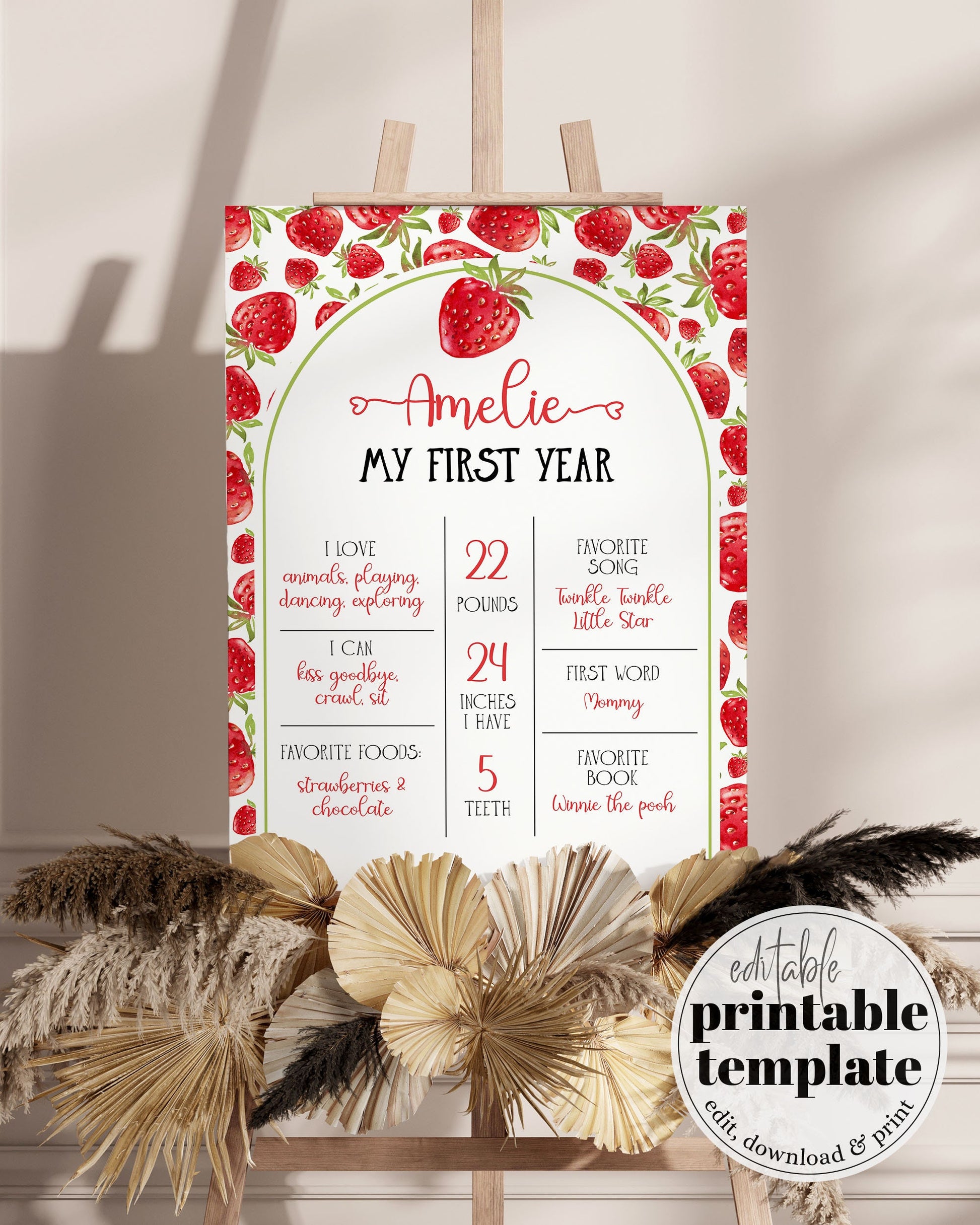 Berry First Birthday Milestone Board | Strawberry Milestone Board First Birthday Girl | Birthday Decor Sign Printable Poster Template #068 - TheLovebirdsDesign