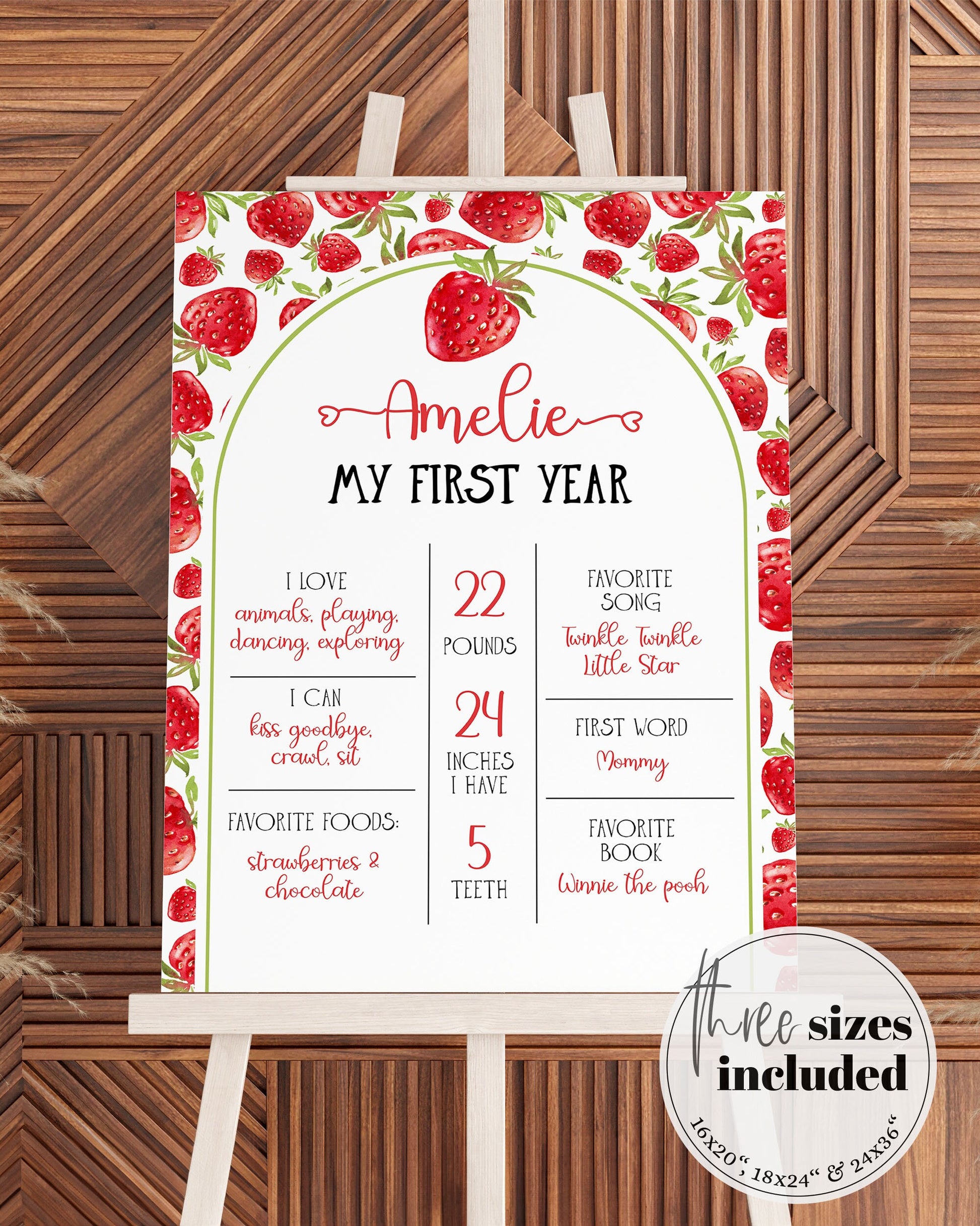 Berry First Birthday Milestone Board | Strawberry Milestone Board First Birthday Girl | Birthday Decor Sign Printable Poster Template #068 - TheLovebirdsDesign