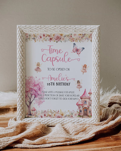 Pink Fairy Time Capsule Set, Baby Shower or Birthday Sign and Cards Template 023FA-TICA - marryful.org