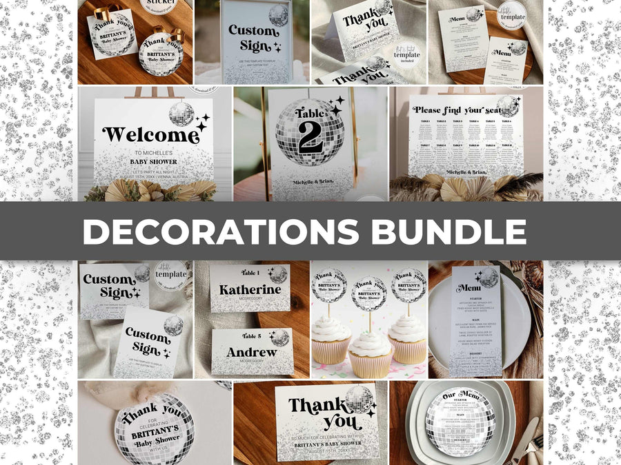 Disco Decorations Bundle 70s theme last Disco with Welcome Sign, Seating Chart, Menu Cards, Place Cards & more | Printable Template #065d - marryful.org