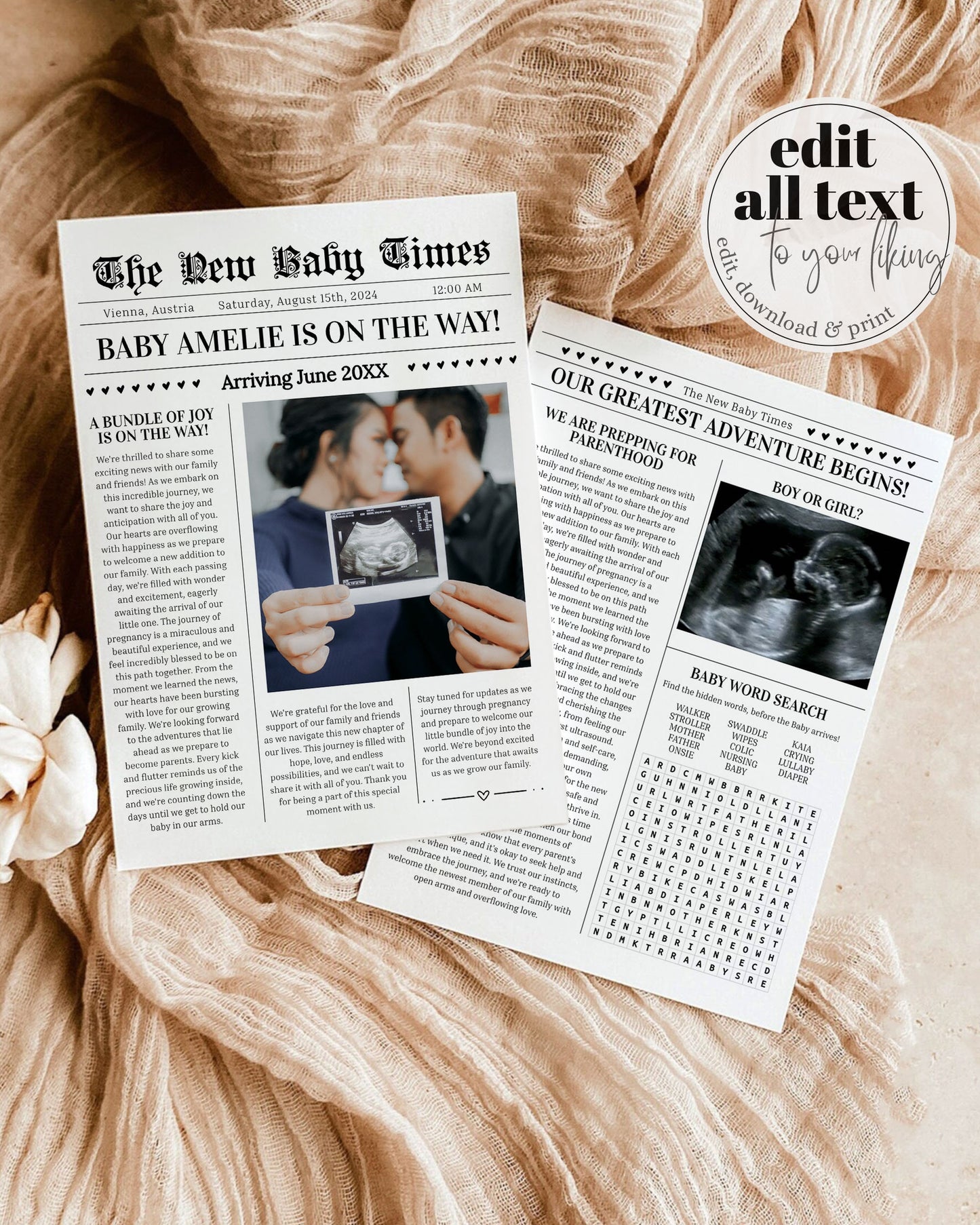 Custom Newspaper Template Pregnancy Announcement, Newspaper Baby Shower, Pregnancy Times or Baby Times, Neutral Personal Baby News #022 - TheLovebirdsDesign