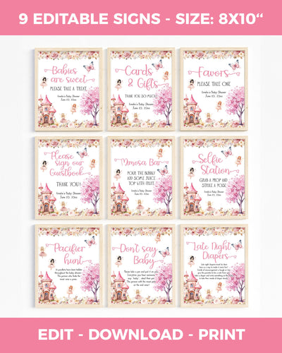 Pink Fairy Baby Shower Signs Bundle, 9 Printable Enchanted Theme Signs 023FA-SIGNB - marryful.org