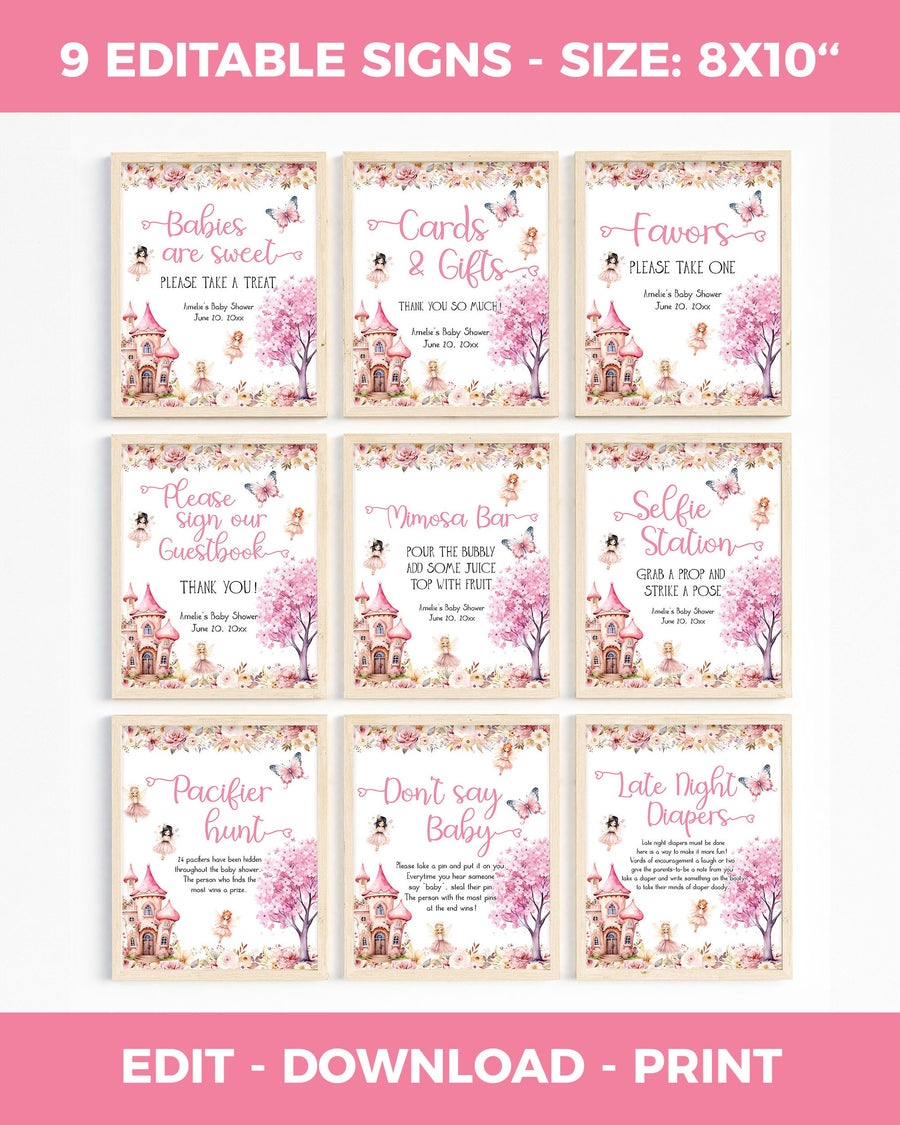 Pink Fairy Baby Shower Signs Bundle, 9 Printable Enchanted Theme Signs 023FA-SIGNB - marryful.org