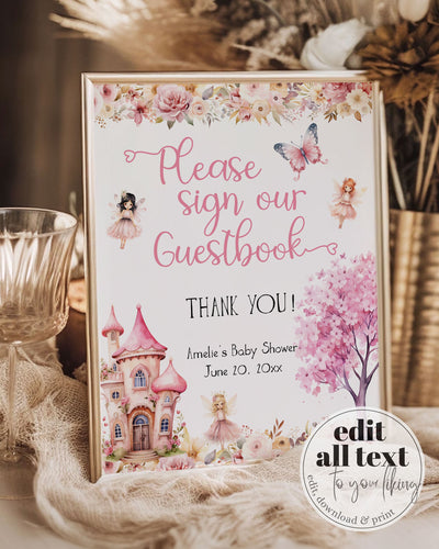 Pink Fairy Baby Shower Guestbook Sign, Enchanted Fairy Theme 8x10 023FA-SIGN - marryful.org