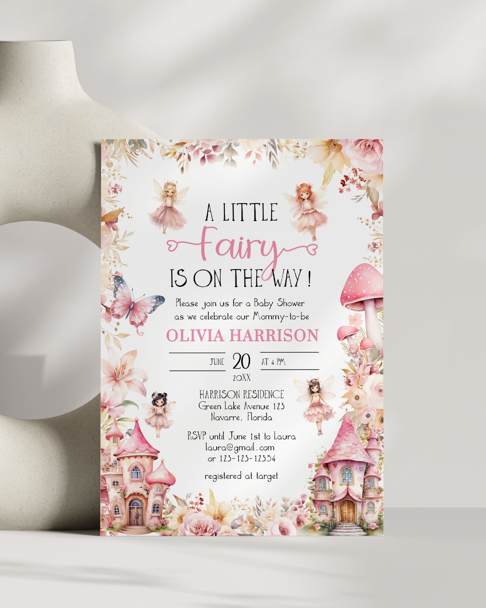 Little Fairy Baby Shower Invitation in enchanted Garden with Butterflies and Mushrooms | Editable Fairytale Babyshower Invite Template #068 - TheLovebirdsDesign