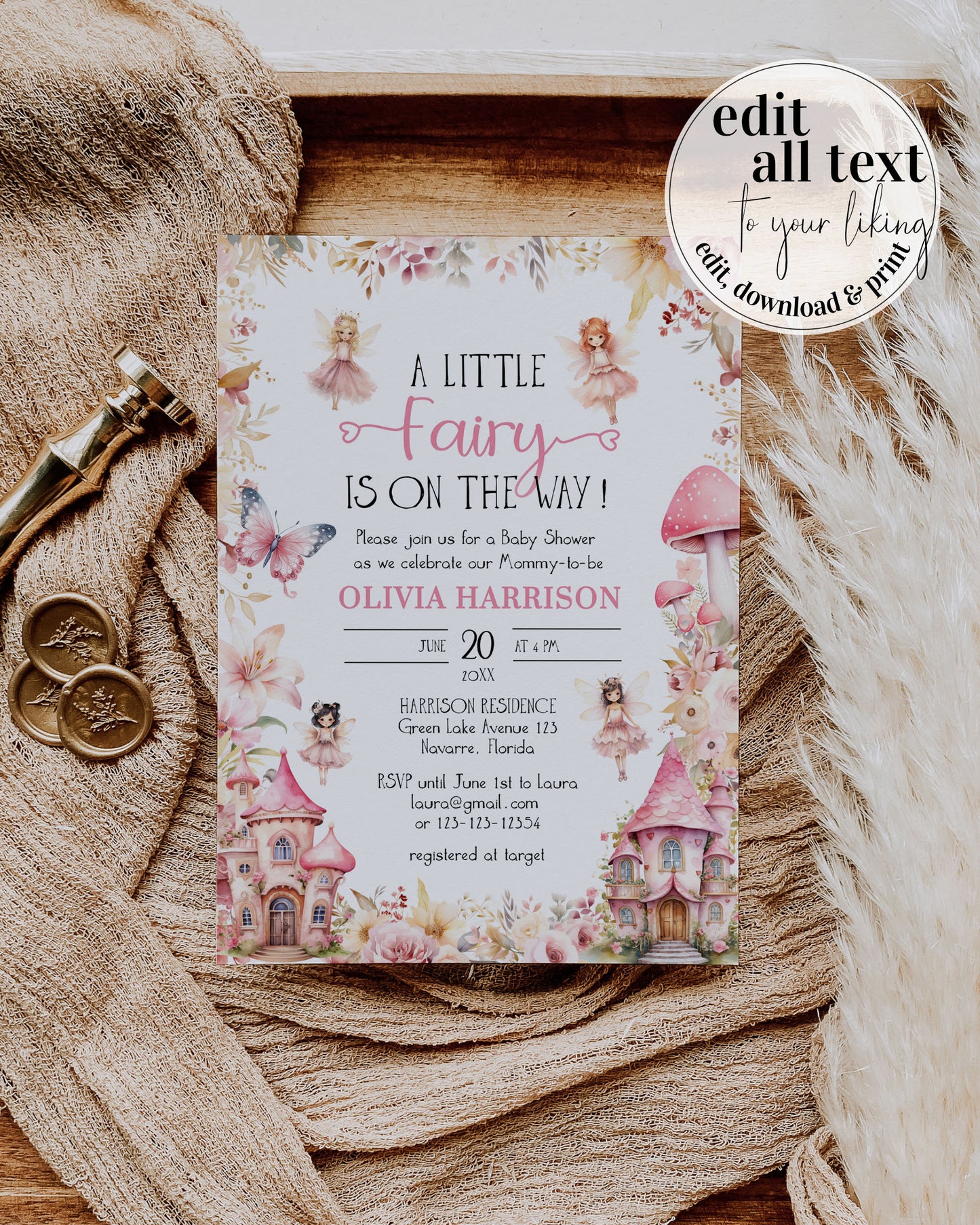 Little Fairy Baby Shower Invitation in enchanted Garden with Butterflies and Mushrooms | Editable Fairytale Babyshower Invite Template #068 - TheLovebirdsDesign